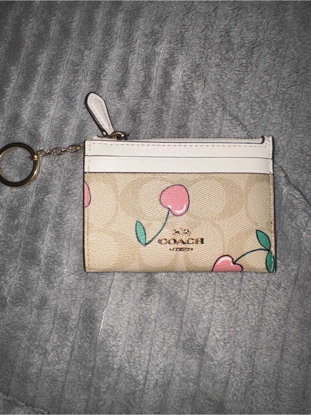 Coach Pink Cherry Accent Tan Card Case with Gold Hardware